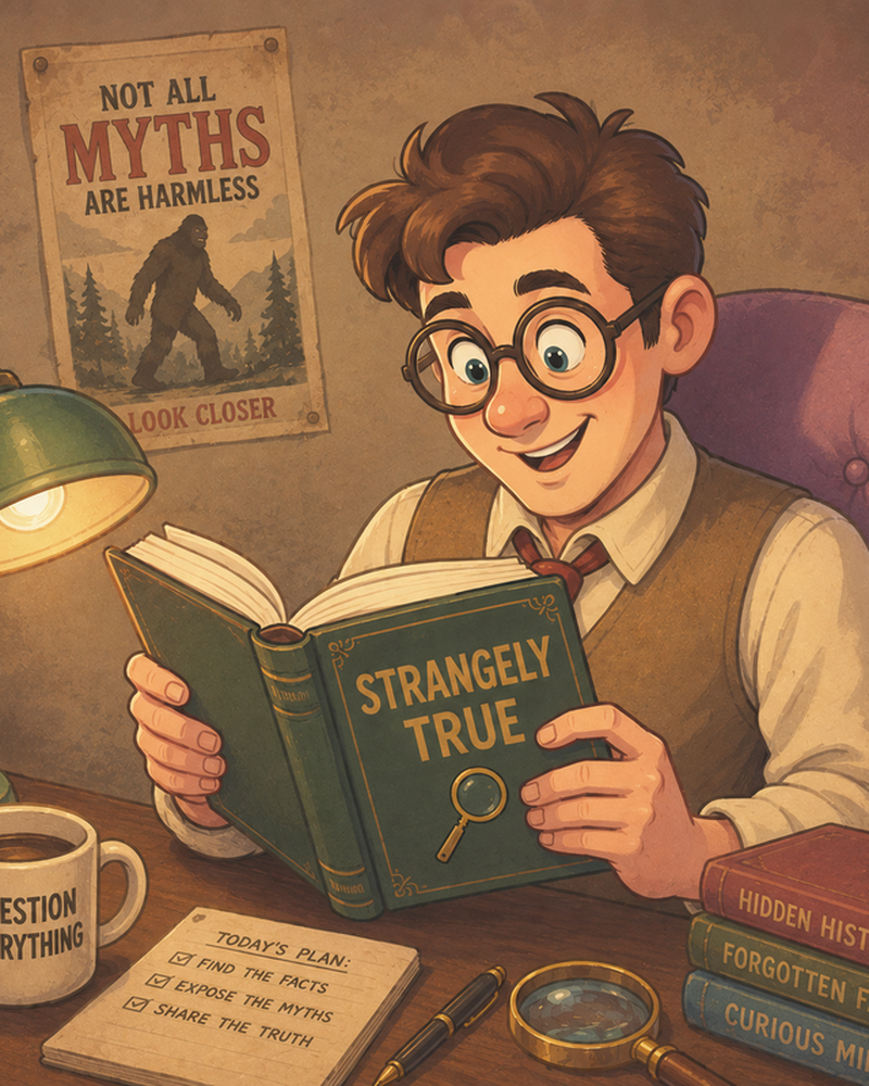 Strangely True, sitting at a desk covered in books, reading a leather-bound copy of Strangely True with a magnifying glass